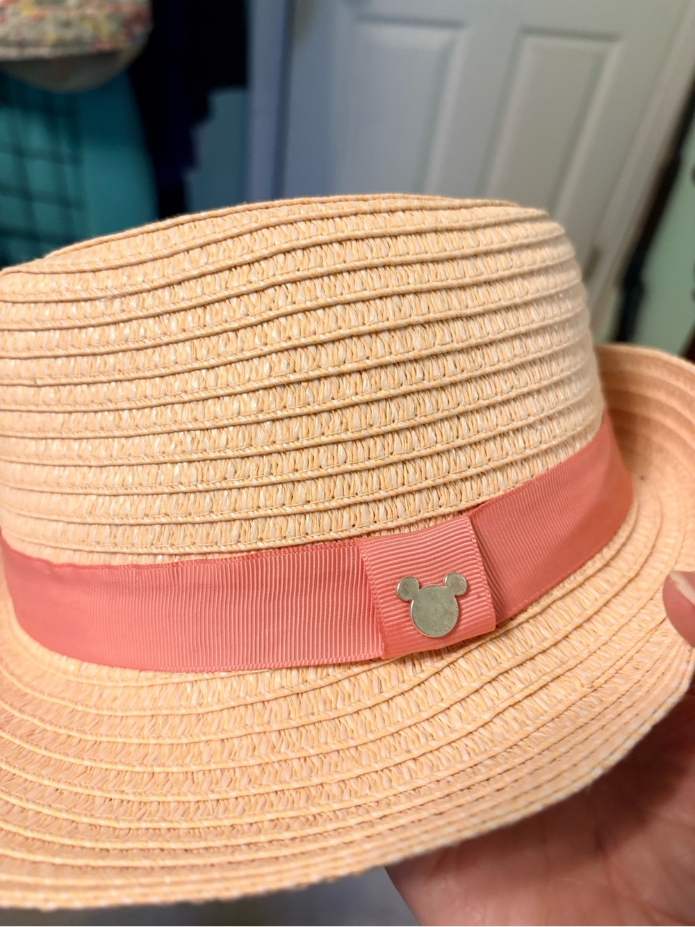 Disney Peach Straw Fedora with Coral Band and Mouse Pin